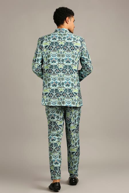 Shop Soup By Sougat Paul Blue Silk Floral Print Bandhgala Set at Aza Fashions Shop_Soup By Sougat Paul_Blue Silk Floral Print Bandhgala Set _at_Aza_Fashions