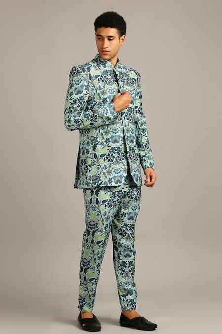 Soup By Sougat Paul Blue Silk Floral Print Bandhgala Set Online at Aza Fashions Soup By Sougat Paul_Blue Silk Floral Print Bandhgala Set _Online_at_Aza_Fashions