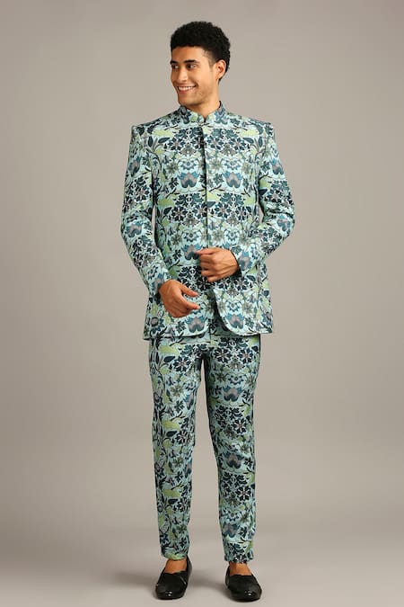 Buy Soup By Sougat Paul Blue Silk Floral Print Bandhgala Set Online at Aza Fashions Buy_Soup By Sougat Paul_Blue Silk Floral Print Bandhgala Set _Online_at_Aza_Fashions