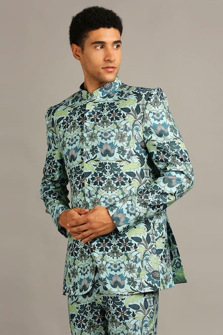 Shop Soup By Sougat Paul Blue Silk Floral Print Bandhgala Set Online at Aza Fashions Shop_Soup By Sougat Paul_Blue Silk Floral Print Bandhgala Set _Online_at_Aza_Fashions