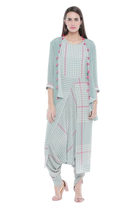 Soup by Sougat Paul Blue Crepe Printed Stripes Dress Round Neck Draped Jumpsuit With Jacket 