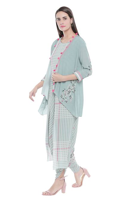 Soup By Sougat Paul_Blue Crepe Stripes Dress Round Neck Draped Jumpsuit With Printed Jacket_Online_at_Aza_Fashions