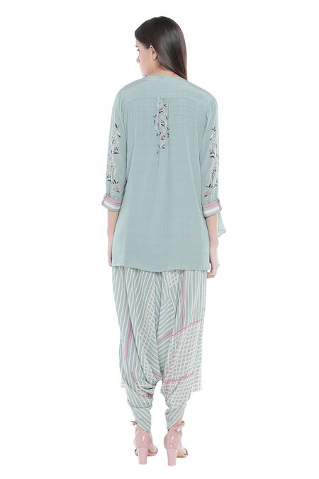 Shop_Soup By Sougat Paul_Blue Crepe Stripes Dress Round Neck Draped Jumpsuit With Printed Jacket_at_Aza_Fashions