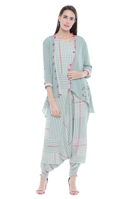 Buy_Soup By Sougat Paul_Blue Crepe Stripes Dress Round Neck Draped Jumpsuit With Printed Jacket_Online_at_Aza_Fashions