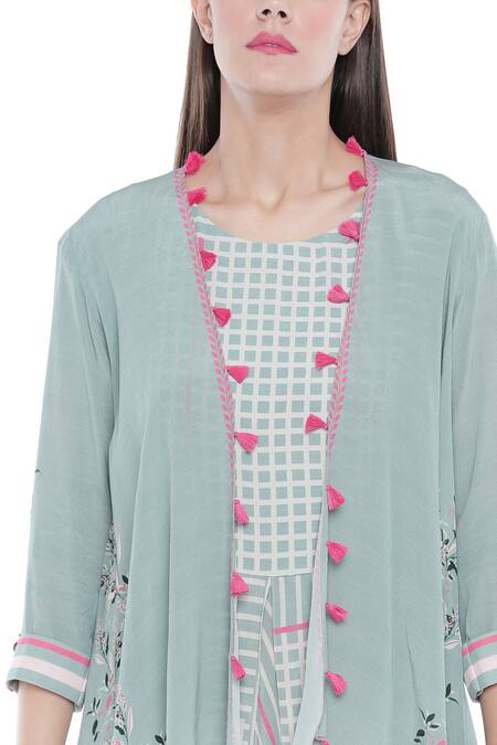 Shop_Soup By Sougat Paul_Blue Crepe Stripes Dress Round Neck Draped Jumpsuit With Printed Jacket_Online_at_Aza_Fashions