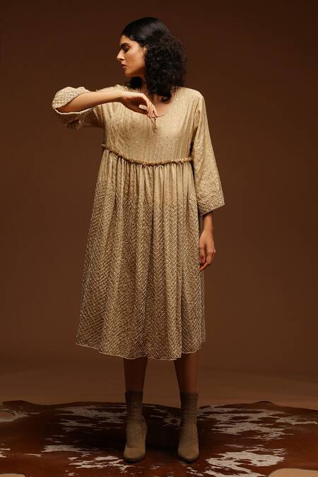 Aditya Sikand_Beige 30% Silk Handwoven, 70% Organic Cotton Round Embroidered Dress_Online_at_Aza_Fashions