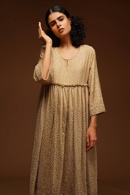 Buy_Aditya Sikand_Beige 30% Silk Handwoven, 70% Organic Cotton Round Embroidered Dress_Online_at_Aza_Fashions