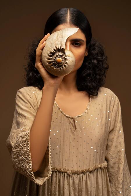 Aditya Sikand_Beige 30% Silk Handwoven, 70% Organic Cotton Round Embroidered Dress_at_Aza_Fashions