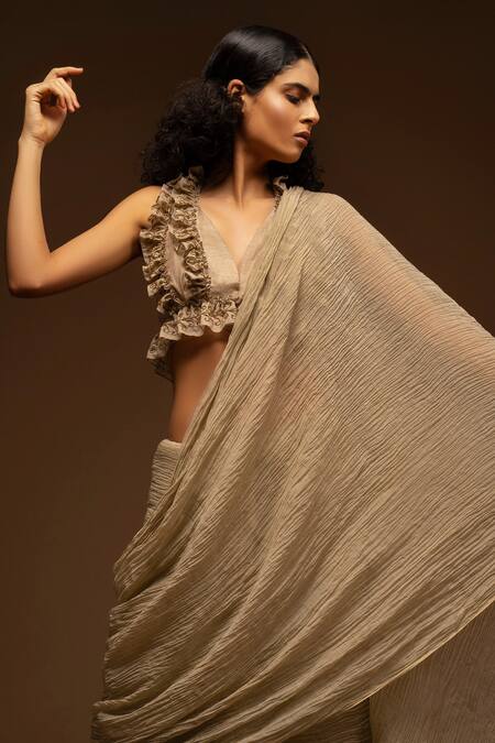 Shop_Aditya Sikand_Beige 30% Silk Handwoven, 70% Organic Cotton V Neck Crinkled Saree With Blouse_Online_at_Aza_Fashions