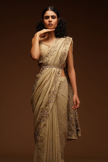 Aditya Sikand_Beige 30% Silk Handwoven, 70% Organic Cotton Round Embroidered Saree With Blouse_Online_at_Aza_Fashions