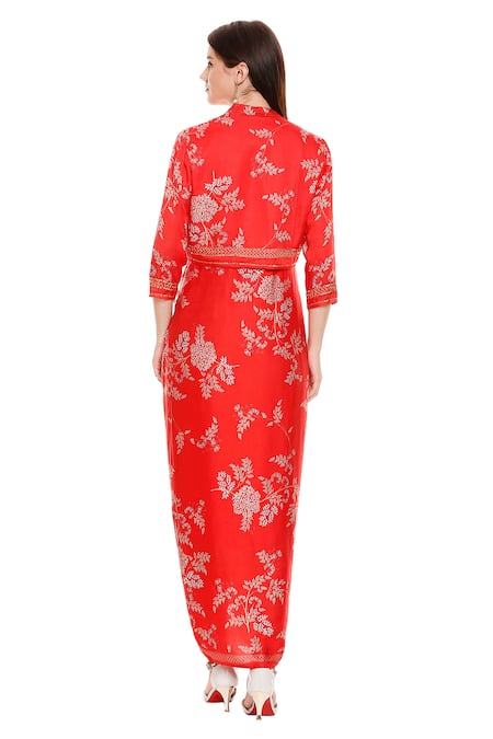 Shop_Soup By Sougat Paul_Red Satin V Neck Printed Draped Dress With Jacket _at_Aza_Fashions