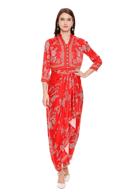 Soup By Sougat Paul_Red Satin V Neck Printed Draped Dress With Jacket _Online_at_Aza_Fashions