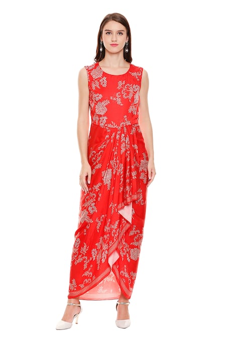 Buy_Soup By Sougat Paul_Red Satin V Neck Printed Draped Dress With Jacket _Online_at_Aza_Fashions