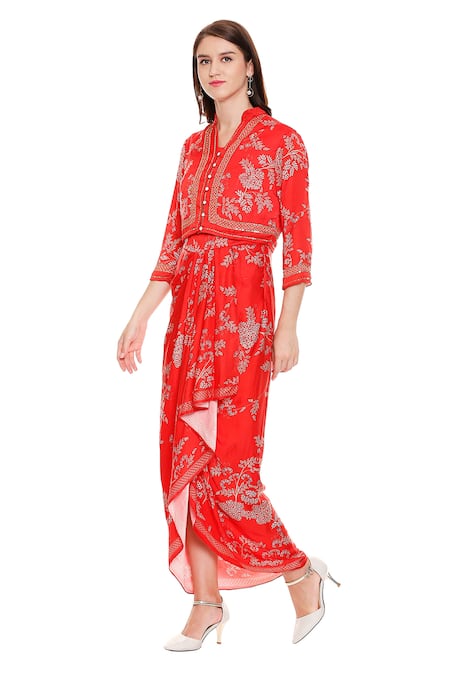 Shop_Soup By Sougat Paul_Red Satin V Neck Printed Draped Dress With Jacket _Online_at_Aza_Fashions
