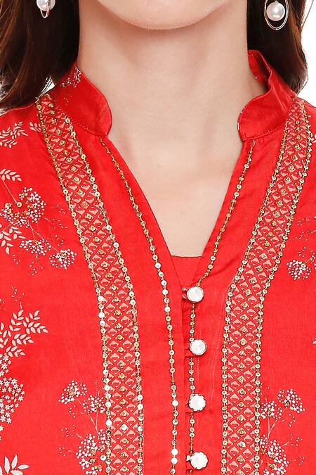 Soup By Sougat Paul_Red Satin V Neck Printed Draped Dress With Jacket _at_Aza_Fashions