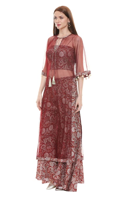 Shop_Soup By Sougat Paul_Maroon Printed Tunic And Palazzo Set _Online_at_Aza_Fashions