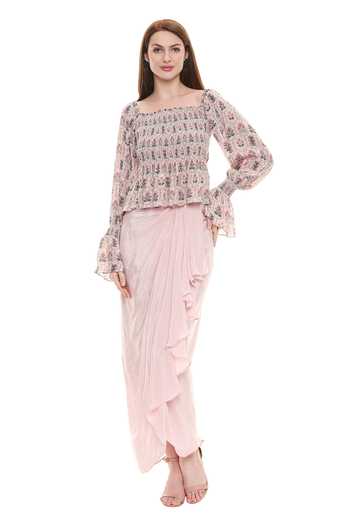 Soup By Sougat Paul_Pink Printed Top And Draped Skirt Set _Online_at_Aza_Fashions