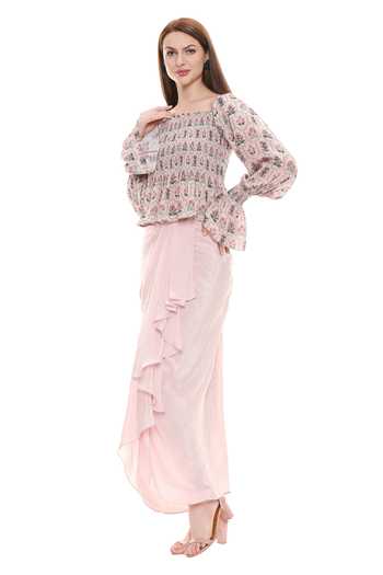 Buy_Soup By Sougat Paul_Pink Printed Top And Draped Skirt Set _Online_at_Aza_Fashions
