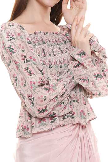 Shop_Soup By Sougat Paul_Pink Printed Top And Draped Skirt Set _Online_at_Aza_Fashions
