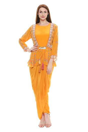 Buy Soup By Sougat Paul Yellow Draped Dress With Jacket at Aza Fashions Buy_Soup By Sougat Paul_Yellow Draped Dress With Jacket _at_Aza_Fashions