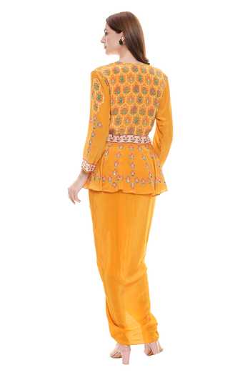 Shop Soup By Sougat Paul Yellow Draped Dress With Jacket at Aza Fashions Shop_Soup By Sougat Paul_Yellow Draped Dress With Jacket _at_Aza_Fashions