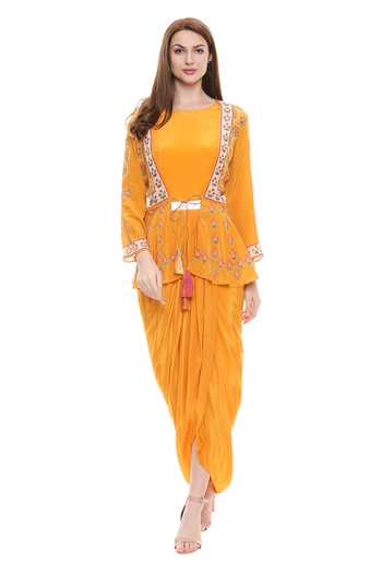 Soup By Sougat Paul Yellow Draped Dress With Jacket Online at Aza Fashions Soup By Sougat Paul_Yellow Draped Dress With Jacket _Online_at_Aza_Fashions