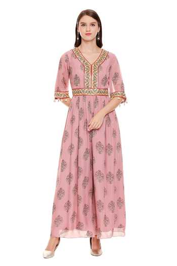 Soup By Sougat Paul_Pink Chiffon V Neck Printed Jumpsuit _Online_at_Aza_Fashions