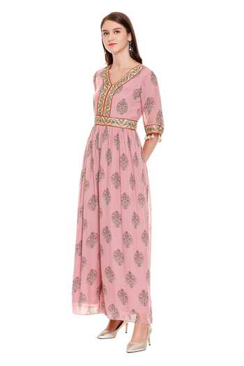 Buy_Soup By Sougat Paul_Pink Chiffon V Neck Printed Jumpsuit _Online_at_Aza_Fashions