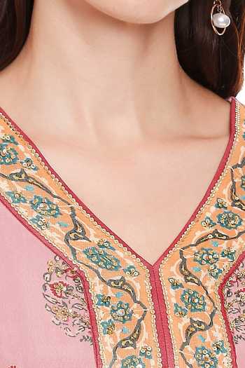 Shop_Soup By Sougat Paul_Pink Chiffon V Neck Printed Jumpsuit _Online_at_Aza_Fashions