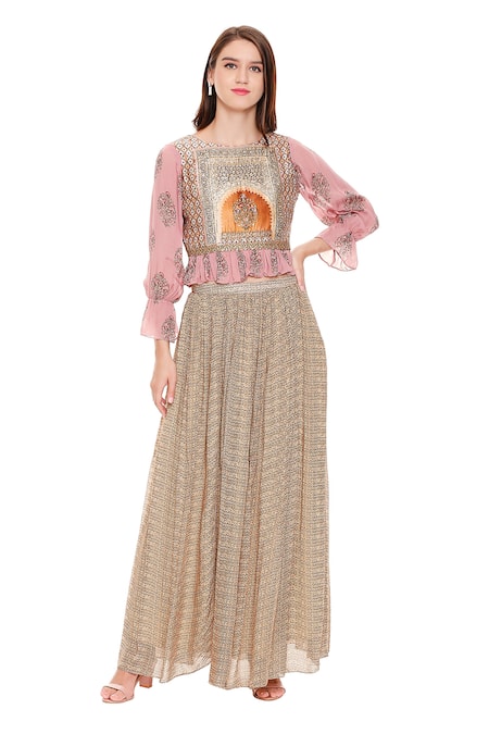 Buy_Soup By Sougat Paul_Pink Chiffon, Malaysian Silk Round Printed Lehenga Set _Online_at_Aza_Fashions