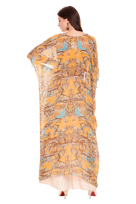 Shop Soup By Sougat Paul Yellow Crepe, Chiffon, Satin Square Neck Printed Cape And Pant Set at Aza Fashions Shop_Soup By Sougat Paul_Yellow Crepe, Chiffon, Satin Square Neck Printed Cape And Pant Set _at_Aza_Fashions