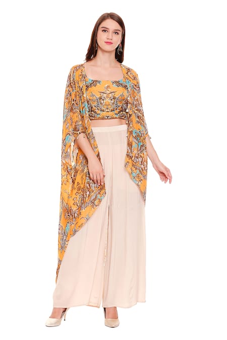 Soup By Sougat Paul Yellow Crepe, Chiffon, Satin Square Neck Printed Cape And Pant Set Online at Aza Fashions Soup By Sougat Paul_Yellow Crepe, Chiffon, Satin Square Neck Printed Cape And Pant Set _Online_at_Aza_Fashions