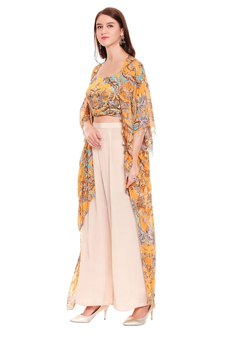 Shop Soup By Sougat Paul Yellow Crepe, Chiffon, Satin Square Neck Printed Cape And Pant Set Online at Aza Fashions Shop_Soup By Sougat Paul_Yellow Crepe, Chiffon, Satin Square Neck Printed Cape And Pant Set _Online_at_Aza_Fashions