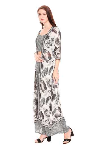 Soup By Sougat Paul_Black Chiffon, Sequence Sweetheart Neck Printed Jacket And Palazzo Set _Online_at_Aza_Fashions