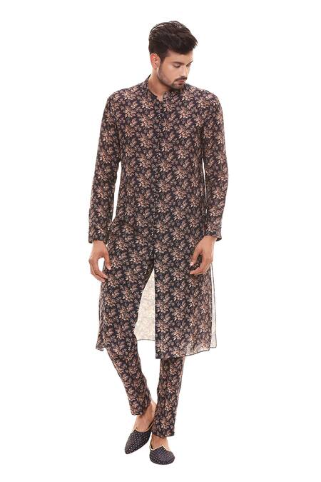 Soup By Sougat Paul Blue Cotton, Muslin Slub Printed Kurta And Pant Set Online at Aza Fashions Soup By Sougat Paul_Blue Cotton, Muslin Slub Printed Kurta And Pant Set _Online_at_Aza_Fashions