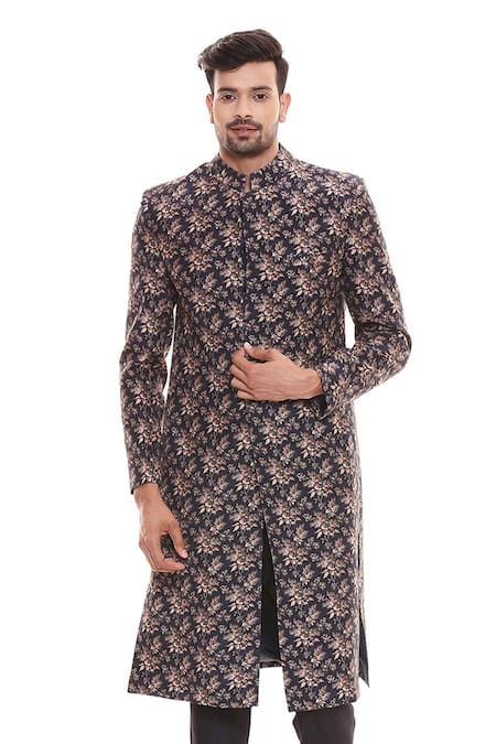 Soup by Sougat Paul Blue Muslin Slub Printed Sherwani Set 