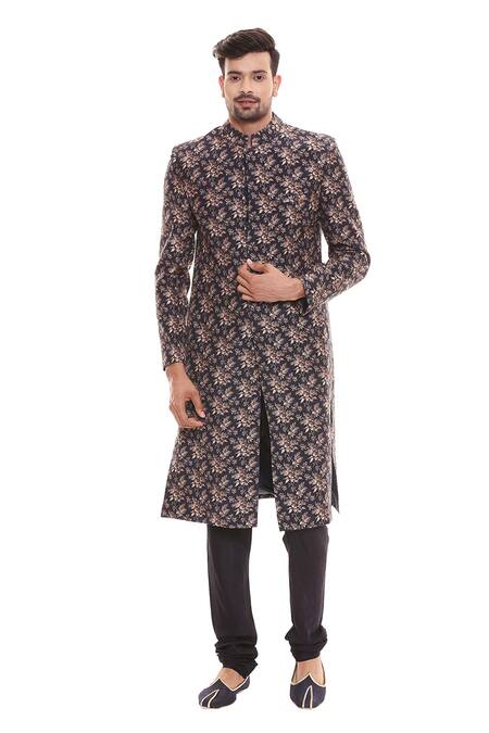 Soup By Sougat Paul_Blue Cotton, Muslin Slub Printed Sherwani Set _Online_at_Aza_Fashions