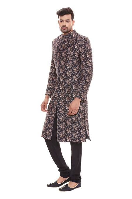 Buy_Soup By Sougat Paul_Blue Cotton, Muslin Slub Printed Sherwani Set _Online_at_Aza_Fashions