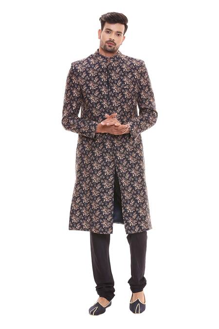 Shop_Soup By Sougat Paul_Blue Cotton, Muslin Slub Printed Sherwani Set _Online_at_Aza_Fashions