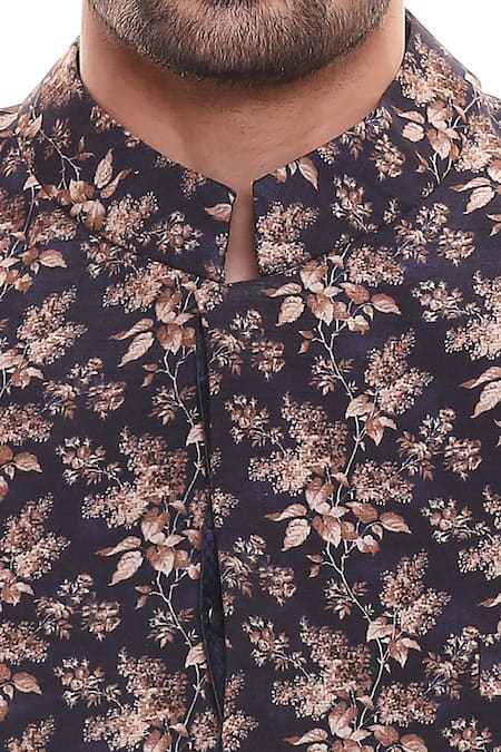 Soup By Sougat Paul_Blue Cotton, Muslin Slub Printed Sherwani Set _at_Aza_Fashions