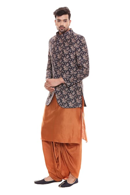 Shop_Soup By Sougat Paul_Blue Cotton, Muslin Slub Printed Bundi And Kurta Set _Online_at_Aza_Fashions