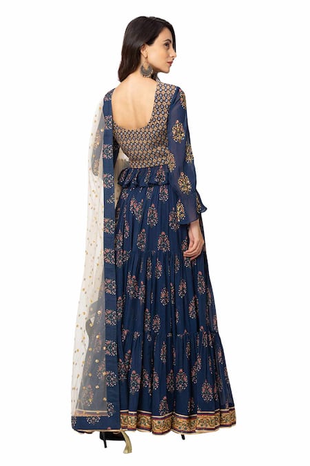 Shop Soup By Sougat Paul Blue Crepe, Flat Chiffon Printed Lehenga Set at Aza Fashions Shop_Soup By Sougat Paul_Blue Crepe, Flat Chiffon Printed Lehenga Set _at_Aza_Fashions