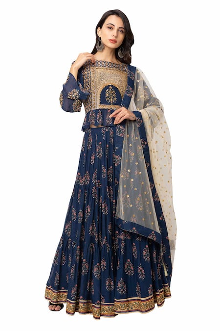 Soup By Sougat Paul Blue Crepe, Flat Chiffon Printed Lehenga Set Online at Aza Fashions Soup By Sougat Paul_Blue Crepe, Flat Chiffon Printed Lehenga Set _Online_at_Aza_Fashions