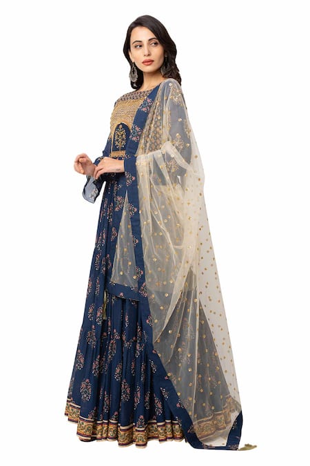 Buy Soup By Sougat Paul Blue Crepe, Flat Chiffon Printed Lehenga Set Online at Aza Fashions Buy_Soup By Sougat Paul_Blue Crepe, Flat Chiffon Printed Lehenga Set _Online_at_Aza_Fashions