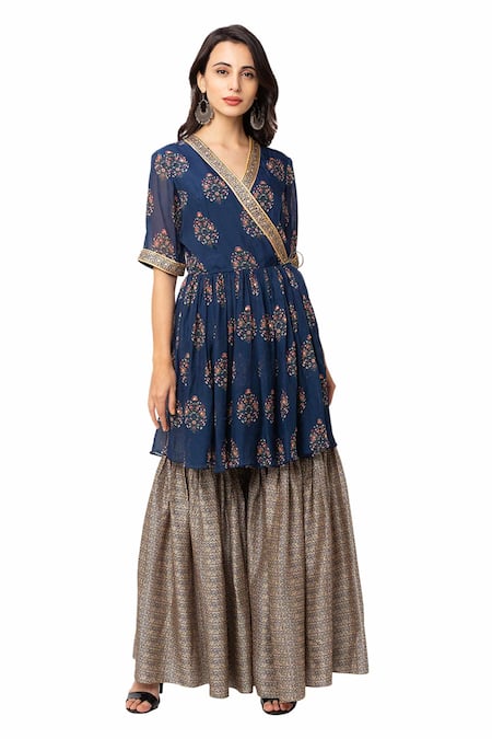 Soup By Sougat Paul_Blue Flat Chiffon, Malaysian Silk Printed Kurta And Sharara Set _Online_at_Aza_Fashions