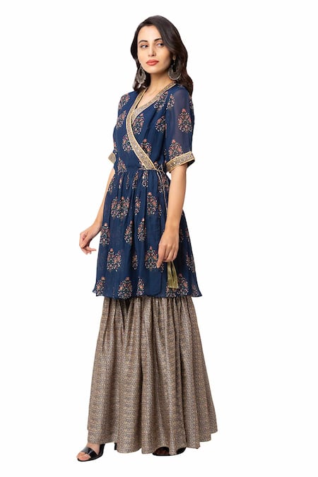 Buy_Soup By Sougat Paul_Blue Flat Chiffon, Malaysian Silk Printed Kurta And Sharara Set _Online_at_Aza_Fashions