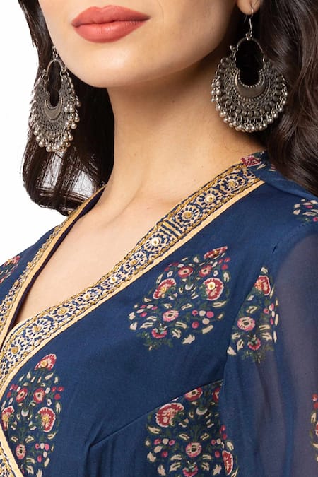 Soup By Sougat Paul_Blue Flat Chiffon, Malaysian Silk Printed Kurta And Sharara Set _at_Aza_Fashions