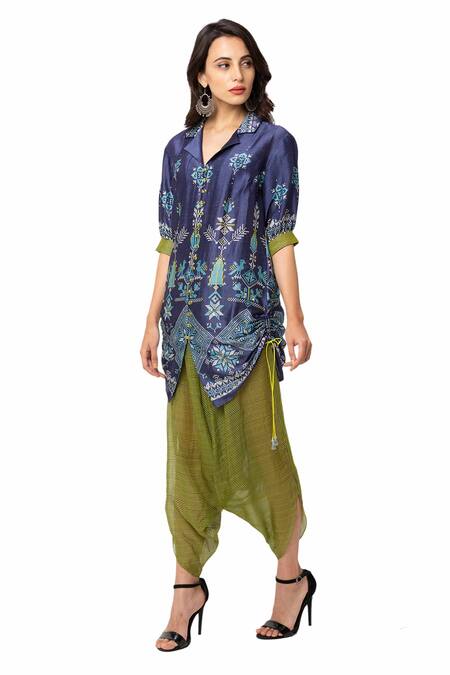 Buy_Soup By Sougat Paul_Blue Organza, Malaysian Silk Printed Kurta Set _Online_at_Aza_Fashions