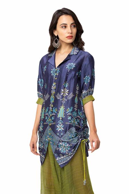 Shop_Soup By Sougat Paul_Blue Organza, Malaysian Silk Printed Kurta Set _Online_at_Aza_Fashions