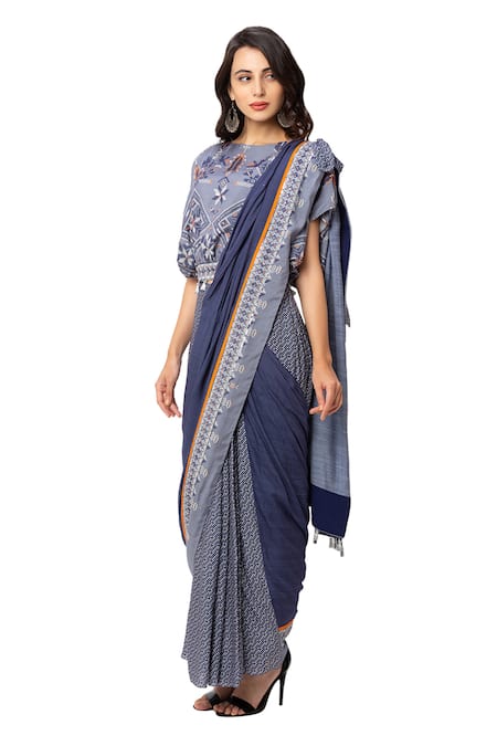 Soup By Sougat Paul_Blue Muslin Slub Printed Saree With Top _Online_at_Aza_Fashions